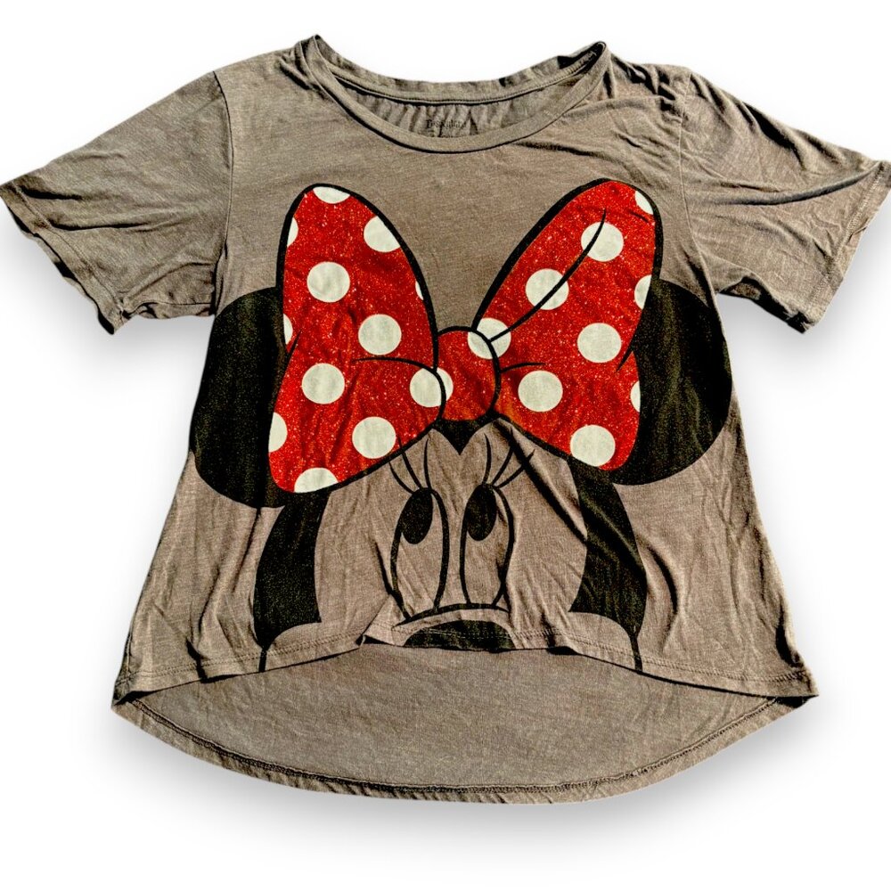 Disney Parks women's Minnie Mouse‎ hi-low gray t-shirt w red sparkly bow sz M